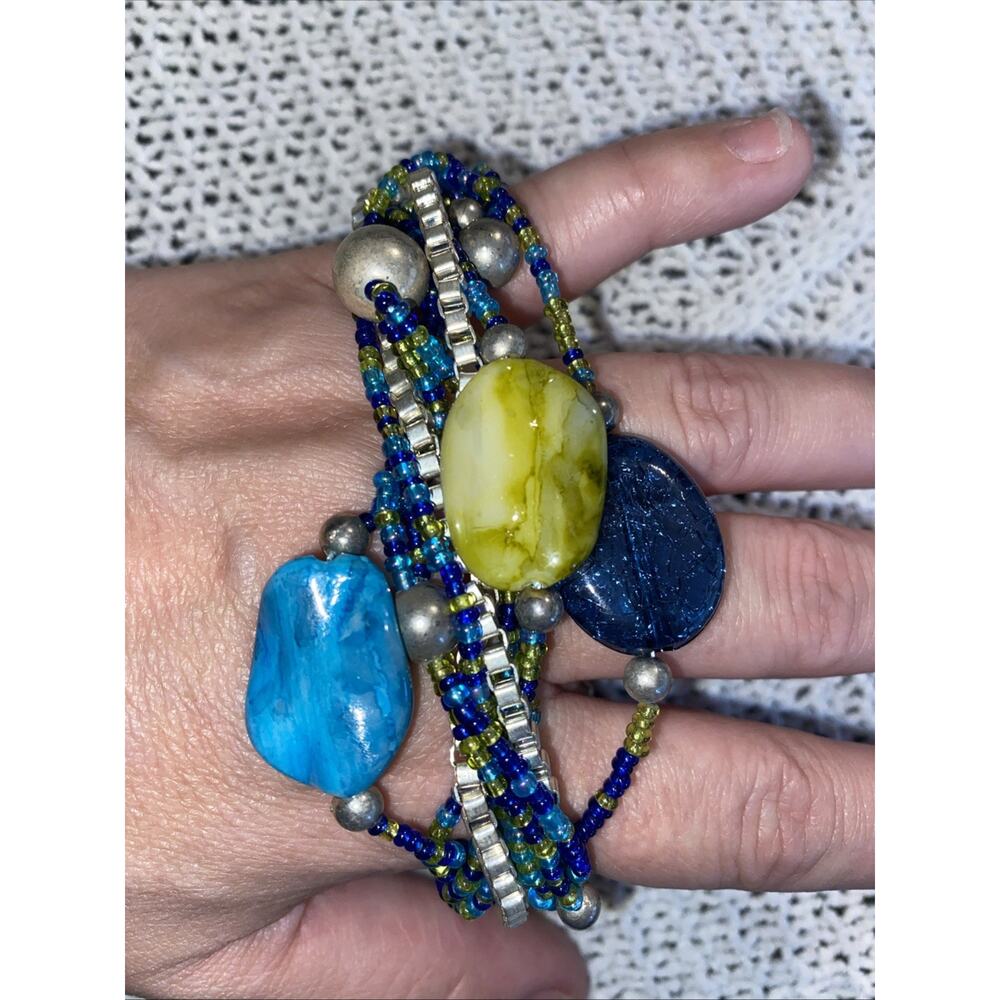 Jonette JJ Multi Color Teal Blue Silver SEED BEAD WIDE CHUNKY BOHO BRACELET
